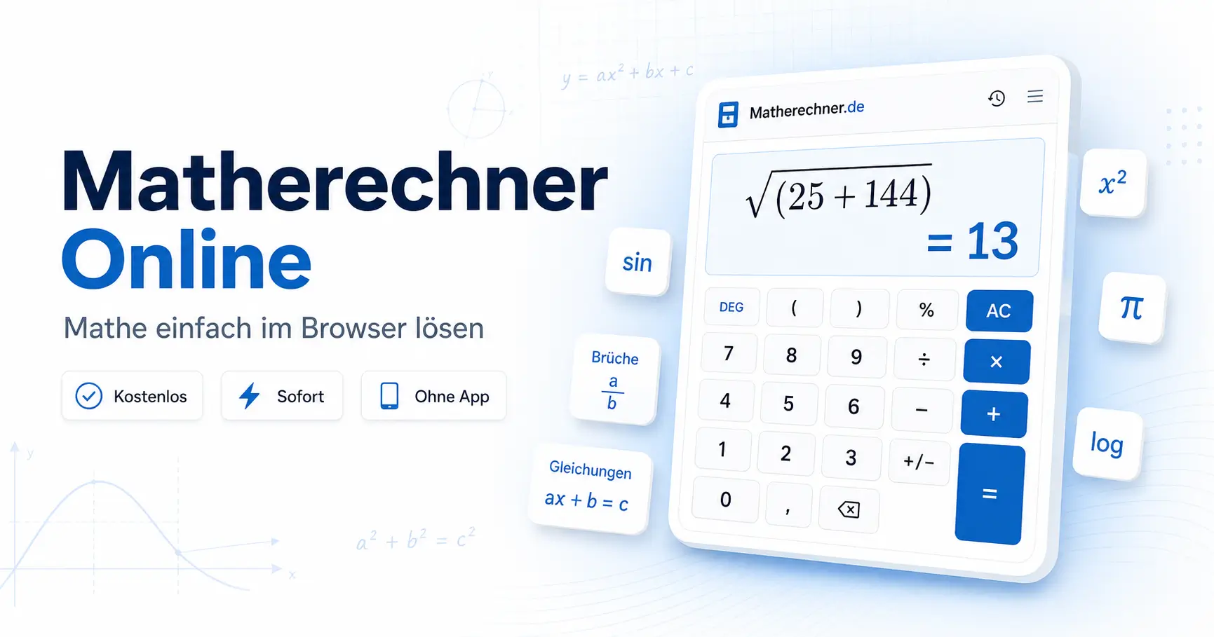 Matherechner online: kostenloser wissenschaftlicher Taschenrechner für Wurzeln, Brüche, Prozentrechnung und Trigonometrie